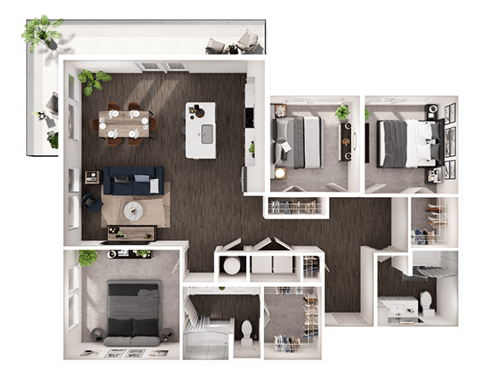Floor plan for 3 beds, 2 baths, 1388 sqft